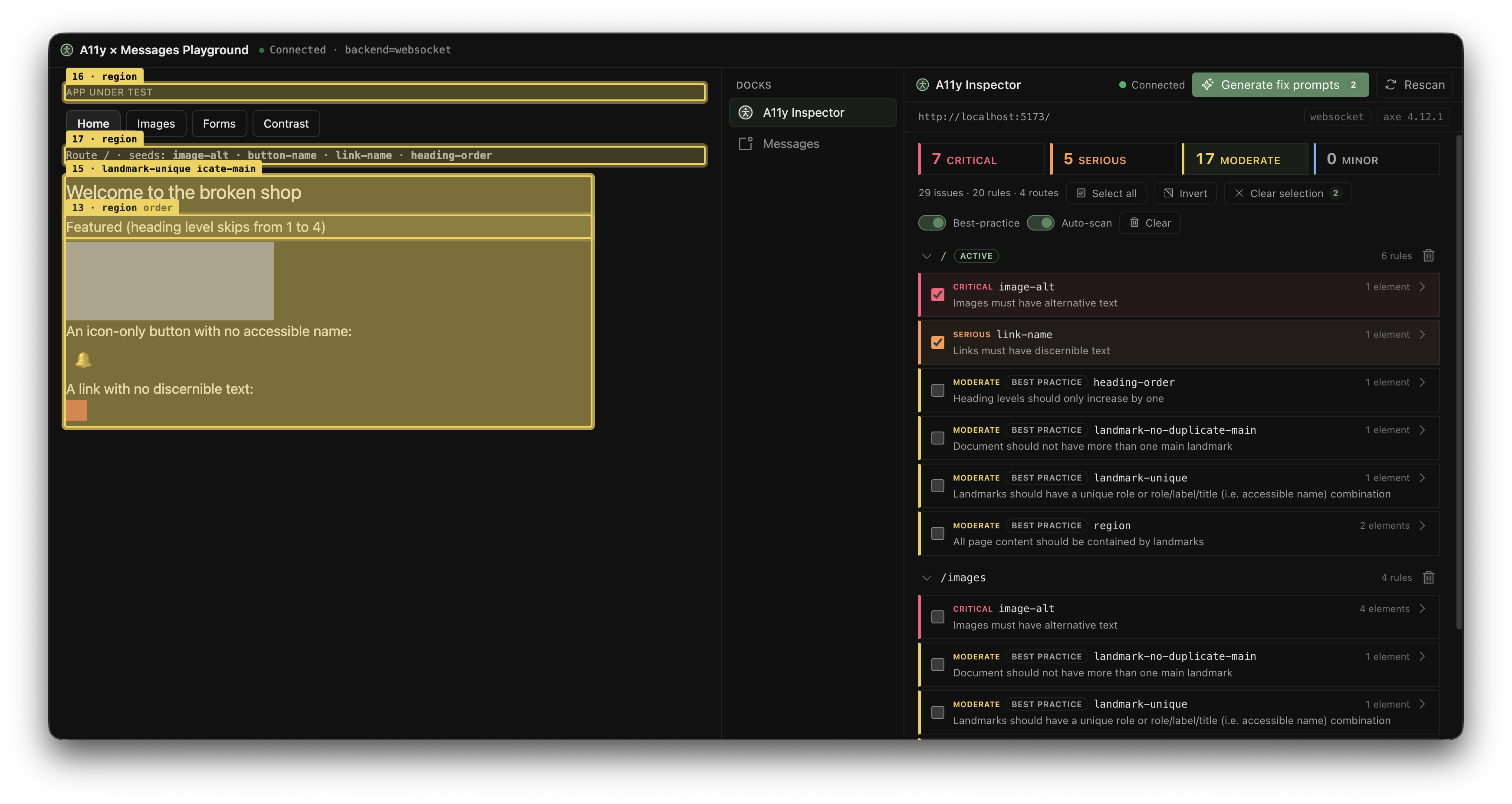 Accessibility Inspector highlighting violations in the user app