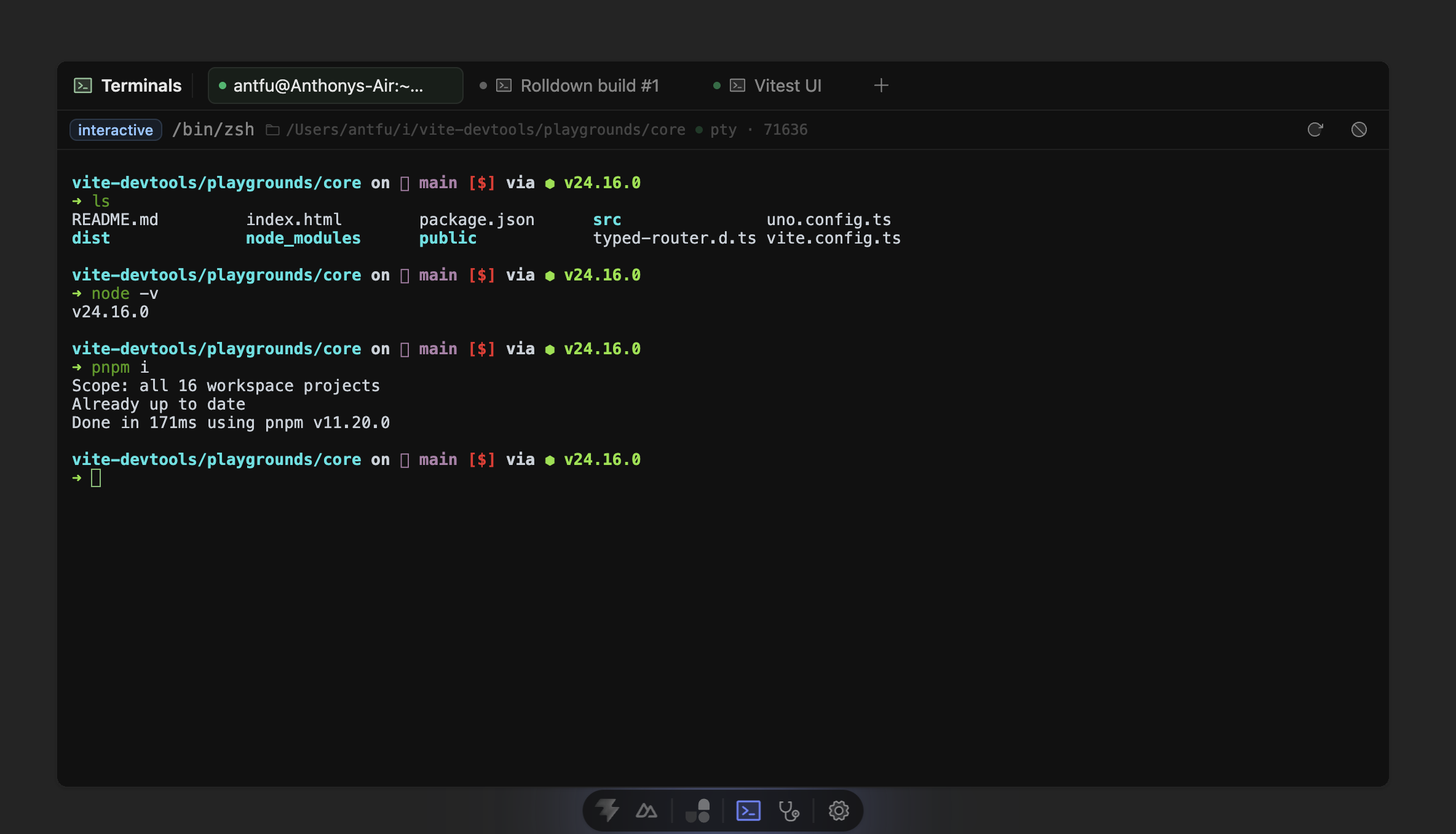 Terminals devframe running in Vite DevTools